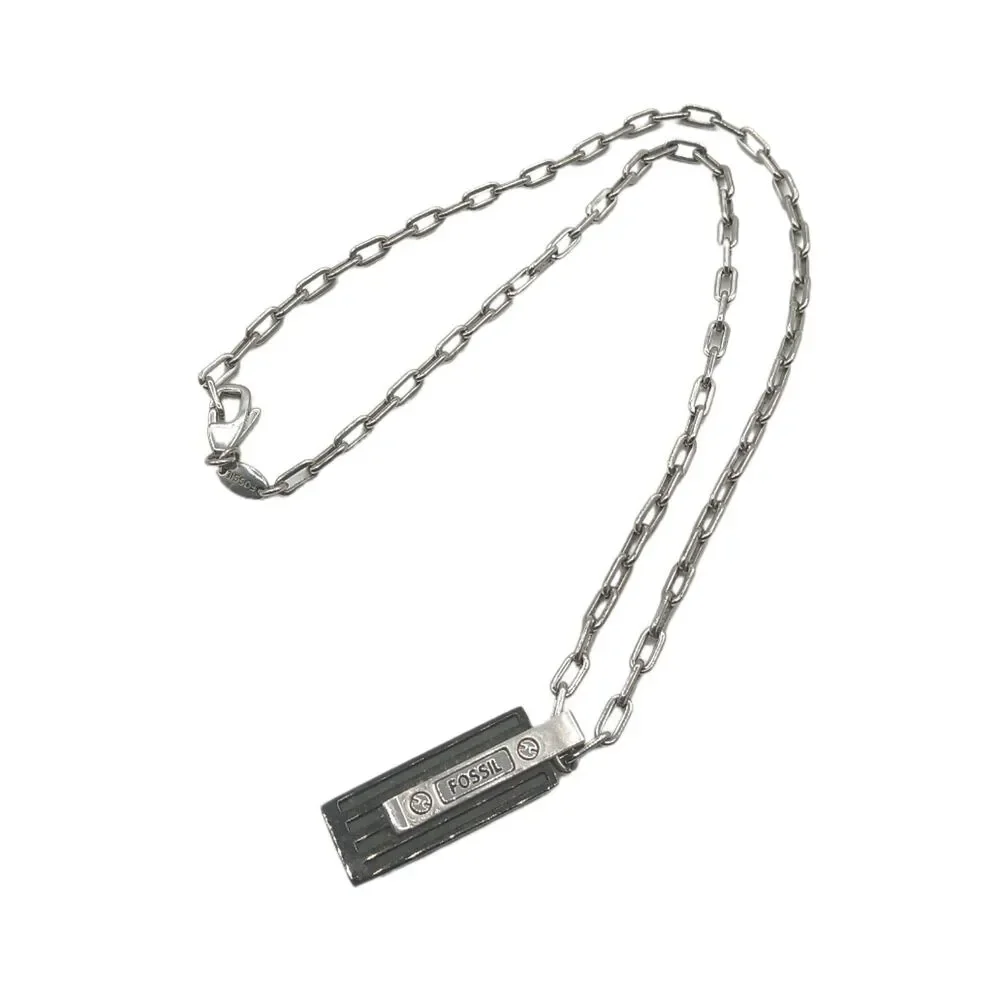 Fossil Pendant Necklace Mens 18.5” Stainless Steel Paperclip Chain 90s Rock